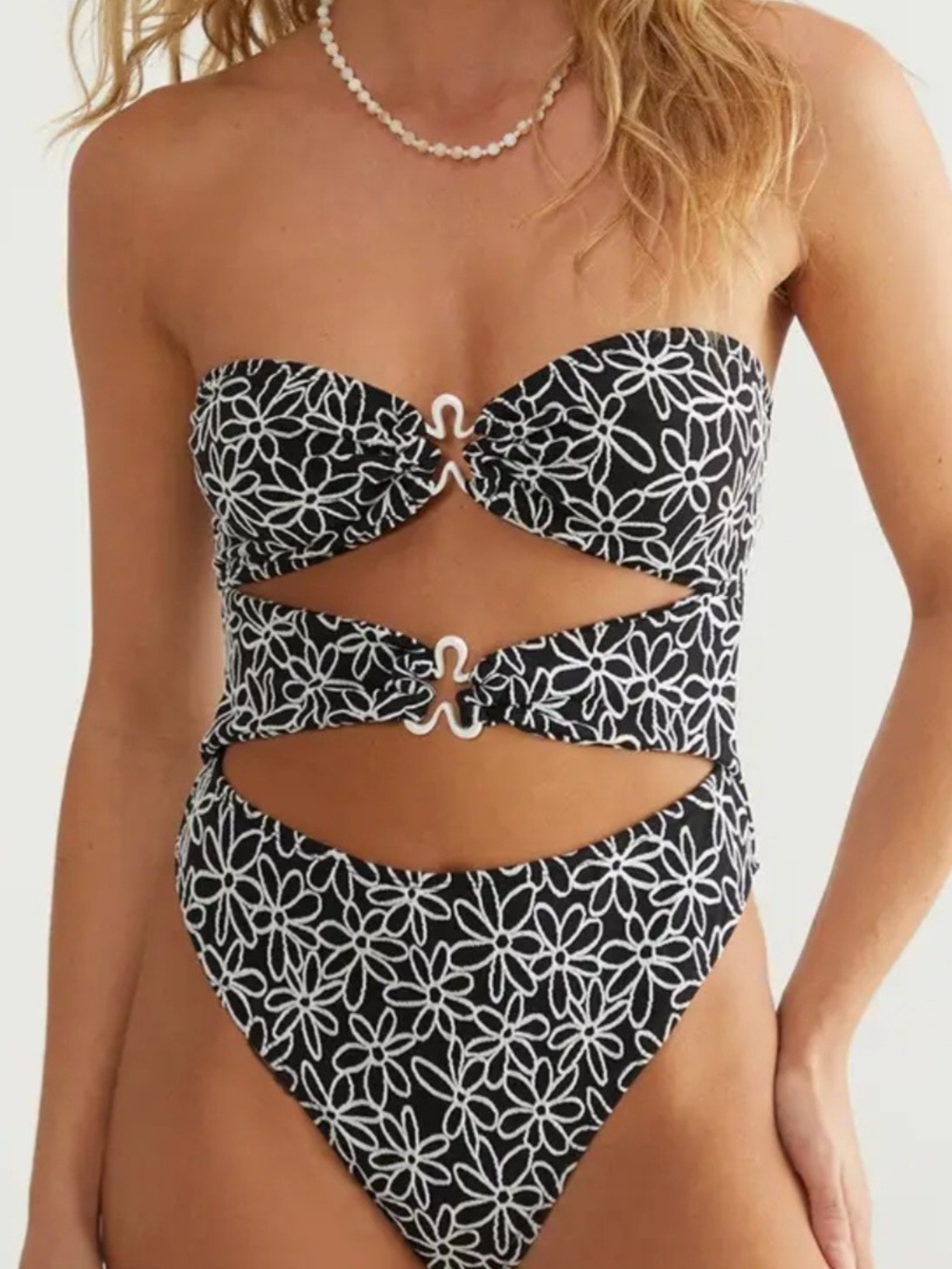 Nasty Gal Black & White Floral Cutout Strapless One-Piece